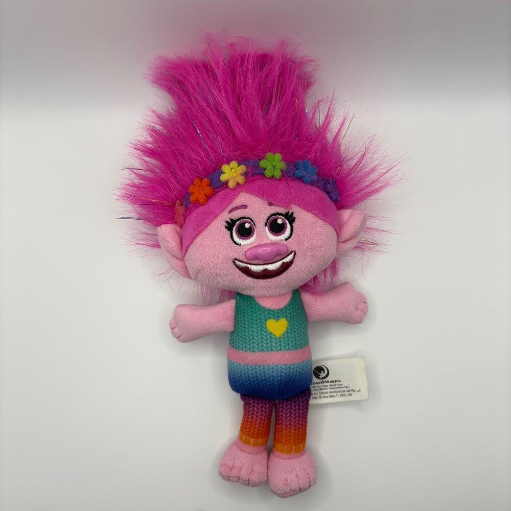 DreamWorks Trolls Poppy Plush Doll 10” Pink Hair Rainbow Outfit Flower Headband